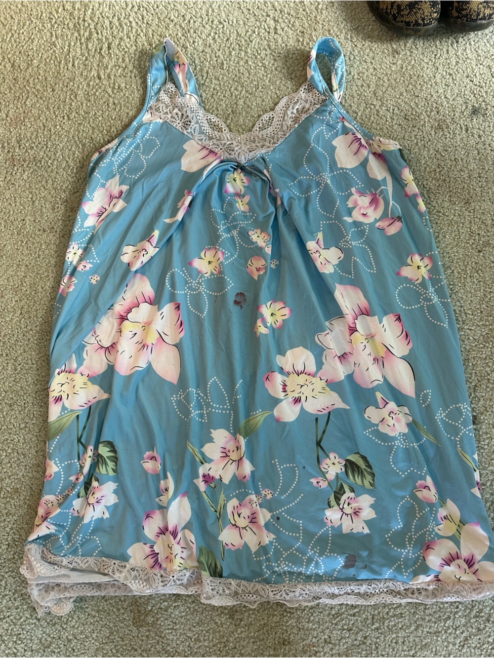 Floral Lace-Trim Blue Chemise Nightdress